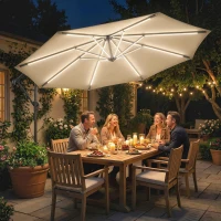 Outsunny 3 m Garden Cantilever Parasol with LED Solar Light, Round Overhanging Umbrella with 360° Rotation, Cover, Khaki(m-10)