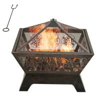 Outsunny Outdoor Fire Pit, Metal Square Firepit Bowl with Spark Screen, Poker for Patio, Camping, 61 x 61 x 52cm, Black(m-10)