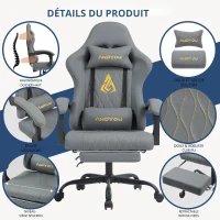 Fauteuil gamer avec repose-pieds, coussin cervical et lombaire doux, coussins de soutien amovibles, 60x60x122 cm, Gris(m-5)