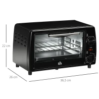 HOMCOM Mini-Oventoaster, 1 Bakplaat, 1 Grillrooster, Timerfunctie, 36,5 cm x 26 cm x 22 cm, Zwart(m-3)