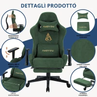 Sedia gaming con poggiapiedi, similpelle scamosciata traspirante, regolabile in altezza con pistone a gas, girevole, 70x70x135 cm, Verde(m-5)