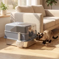 PawHut Katzentoilette aus Edelstahl M, geschlossen 2-in-1, abnehmbare Haube, hoher Rand, Schaufel, leicht zu reinigen, Grau(m-4)