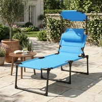 Outsunny Espreguiçadeira de Jardim com Toldo Ajustável Encosto Regulável em 4 Níveis Apoio de Cabeça para Terraço 70x200x45 cm Azul Claro(m-9)