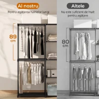 HOMCOM Dulap garderobă cu 2 bare și 4 rafturi, din material textil netesut, plastic și oțel, 142x43x185 cm, negru(m-4)