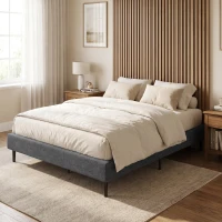 HOMCOM Estrado Estofado 140x190 cm, Estrutura de Cama com Revestimento em Chenille, 10 Ripas de Madeira, 9 Pés Estáveis, Cinza(m-5)