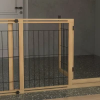 PawHut Poartă pentru Câini Extensibilă cu Ușă și 2 Panouri, Baze Triunghiulare, 112-159x70 cm, Lemn Natural(m-9)