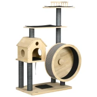 PawHut Kattenboom met loopwiel krabpaal met 4 verdiepingen kattenhuis met sisalpalen massief hout(m-1)