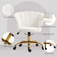 HOMCOM Chaise bureau en velours, chaise coiffeuse avec dossier en pétale, hauteur réglable, 69 x 64 x 80-90 cm, blanc(m-5)