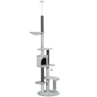 PawHut Krabpaaltje met Plafondspanner, Hangmat, Huis, Platforms, Speelbal, 225-255cm, Grijs(m-1)