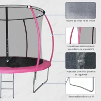 HOMCOM Cama Elástica Multifuncional Estable para Exterior e Interior Patio Gimnasio Trampolín Grande con Red Seguridad y Escalera Carga 100kg para Adultos y Niños Φ244x205 cm Rosa(m-4)
