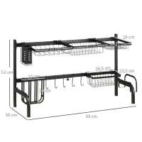 HOMCOM Afdruiprek voor vaat, in lengte verstelbaar van 51-93 cm, veel elementen, flexibele indeling, 93 x 30 x 52 cm, zwart(m-3)