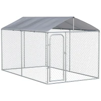 PawHut Perrera de Exterior con Toldo Anti-UV Impermeable Puerta con Pestillo y Marco de Metal Galvanizado 4x2,3x2,3 m Plata(m-1)