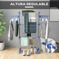 HOMCOM Tendedero Vertical de 3 Niveles con 6 Ruedas 2 Laterales Abatibles Estantes Ajustables y Marco de Acero Inoxidable Azul(m-4)