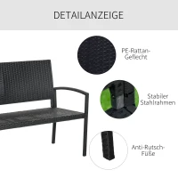 Outsunny Gartenbank, in Rattanoptik, mit Stahlrahmen, für 2 Personen, Schwarz, 122 x 60 x 85cm(m-6)