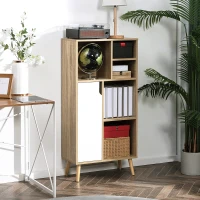 HOMCOM Mueble Aparador Alto Armario Auxiliar de Salón con 5 Compartimentos y 1 Puerta Multiusos para Comedor Cocina Dormitorio 60x30x121 cm Roble y Blanco(m-10)