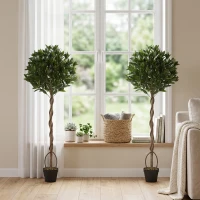 Outsunny Realistic Lush Topiary Ball Tree, Artificial Bay Laurel Topiary Trees with Weighted Pot, Set of 2, Green(m-12)