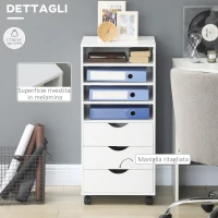 Vinsetto Cassettiera da Ufficio con 4 Ruote 4 Ripiani 3 Cassetti, Legno Bianco(m-5)