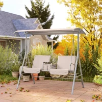 Outsunny 2 Seater Garden Swing Chair Patio Rocking Bench w/ Tilting Canopy, Double Padded Seats, Storage Bag and Tray, Beige(m-11)