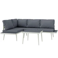 Outsunny 3 Piece Garden Furniture Set with 5-Level Adjustable Lounger, L Shaped Garden Corner Sofa with Cushions, Mesh Seat, Slatted Wood-Grain Table, Outdoor Furniture Set for Conservatory, Grey(m-11)