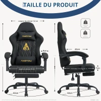 Fauteuil gaming avec repose-pieds, coussin doux pour la nuque et les lombaires, coussin de soutien amovible, 60x60x122 cm, Noir(m-3)
