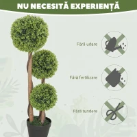 HOMCOM Set 2 Plante Artificiale de Buxus cu 3 Sfere, cu Ghiveci și Fund Întărit, Înălțime 90 cm, pentru Interior și Exterior(m-6)