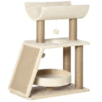 PawHut Krabpaal Kattenboom, inclusief speelgoed en kattenbed, 60 cm x 30 cm x 76 cm, Crème + Natuur(m-9)