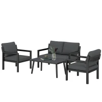 Outsunny 4 Seater Rattan Garden Furniture Set with 2 Armchairs, Loveseat, Coffee Table, Garden Sofa Set with Cushions, Dark Grey(m-15)