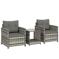 Outsunny Salon de Jardin Extérieur 3 Pièces en Résine Tressée Table et 2 Fauteuils avec Coussins, 62x65x75cm, Gris Clair(m-1)