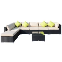 Outsunny 8 Piece Rattan Corner Sofa Set with Wide & Deep Seat, Assembled Aluminium PE Rattan Garden Furniture Set with Thick Cushions and Glass Top Table for Outdoor, Conservatory, Black(m-1)
