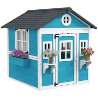 Outsunny Kinderspeelhuis, houten speelhuis voor kinderen, buitenspeelhuis met ramen, bloempotten, 3-8 jaar, blauw(m-11)