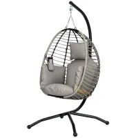 Outsunny Hangstoel, zit- en rugkussen, opvouwbare zitmand, bekerhouder, metalen frame, grijs(m-14)