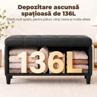 HOMCOM Bancă cu depozitare 136 L, taburet cu ladă 110x41x42 cm, piele ecologică pet-friendly, negru(m-5)