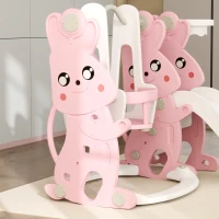 AIYAPLAY 4 in 1 Kids Slide and Swing Set with Climber, Basketball Hoop, Rabbit-Themed, Pink(m-8)