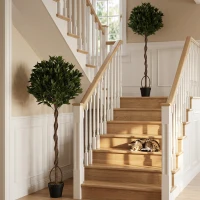 Outsunny Realistic Lush Topiary Ball Tree, Artificial Bay Laurel Topiary Trees with Weighted Pot, Set of 2, Green(m-2)