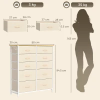 HOMCOM Chest of Drawers, Dresser with 10 Fabric Drawers, Tall Storage Unit with 4 Pockets and 2 Hooks Steel Frame, Beige(m-3)