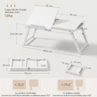 HOMCOM Table de lit pliable et réglable, plateau de lit pour ordinateur portable en bambou plateau inclinable 83,5x33x34cm blanc(m-3)