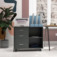 HOMCOM Freestanding Printer Stand Unit Office Desk Side Mobile Storage w/ Wheels 3 Drawers, 2 Open Shelves Modern Style 80L x 40W x 65H cm - Black(m-7)