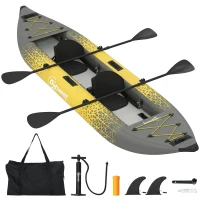 Outsunny 12.5' Inflatable Kayak Set, 2-person Sit on Canoe with Aluminium Oars, Grey and Yellow(m-15)