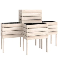 Outsunny 4-delig verhoogd bloemenbed van hout 4 combinatiemodi tuinbalkon 50 x 30 x 60 cm naturel(m-10)