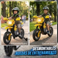 HOMCOM Moto Eléctrica para Niños con Ruedas de Apoyo Desmontables Faros y Música para Niños 3-6 Años Amarillo(m-6)