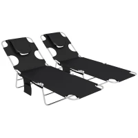 Outsunny Foldable Sun Lounger Set of 2, Beach Chaise Lounges with Reading Hole, Arm Slots, 5-Position Adjustable Backrest, Side Pocket, Pillow for Patio, Garden, Beach, Pool, Black(m-1)
