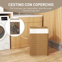 HOMCOM Cesto Portabiancheria 72L con Coperchio in Bambù, Manici in Corda e Sacco Rimovibile, Marrone(m-5)