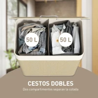 HOMCOM Cesto de Ropa Sucia de Bambú con 2 Compartimentos Asas para Facilitar el Uso y Bolsas Desmontables Lavables 52x32x63 cm(m-4)