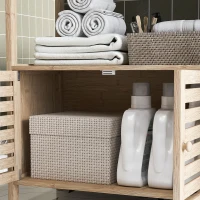 HOMCOM Estante para Casa de Banho de Bambu com 3 Prateleiras Abertas Estante de Arrumação Casa de Banho com Portas Ripadas 63x30x138 cm Madeira e Branco(m-9)