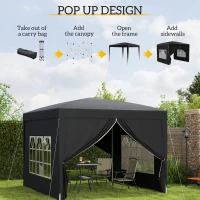Outsunny 3x3(m) Pop-Up Gazebo, with Curtain Walls and Windows, Black(m-4)