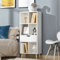 HOMCOM Estantería para Libros con 1 Cajón y Patas de Madera 6 Compartimentos Abiertos de Almacenaje 50x29,5x120 cm Blanco(m-10)