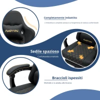 Sedia da gaming con poggiapiedi, morbido cuscino per collo e lombare, cuscini di supporto rimovibili, 60x60x122 cm, Nero(m-6)