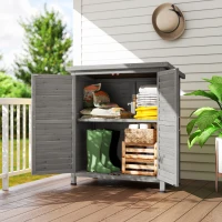 Outsunny Armário de Armazenamento de Madeira para Jardim com 2 Prateleiras Interiores 2 Portas e Teto Inclinado para Exterior Terraço 87x46,5x96,5cm Cinza(m-10)