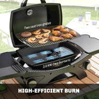 Outsunny 2 Burner Gas Grill with 2 Detachable Side Tables, 3.8 KW Steel Barbecue Grill with Cast Iron Grates, Lid, Thermometer(m-5)