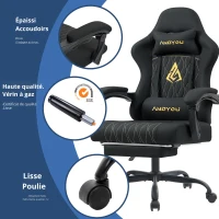 Fauteuil gaming avec repose-pieds, coussin doux pour la nuque et les lombaires, coussin de soutien amovible, 60x60x122 cm, Noir(m-6)